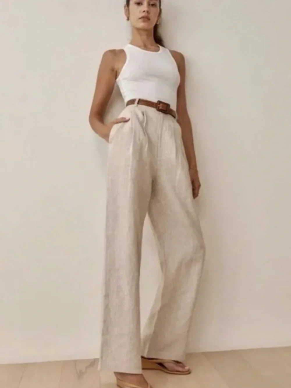 Reformation Pants Mason Pleated Trouser in Oatmeal Cream